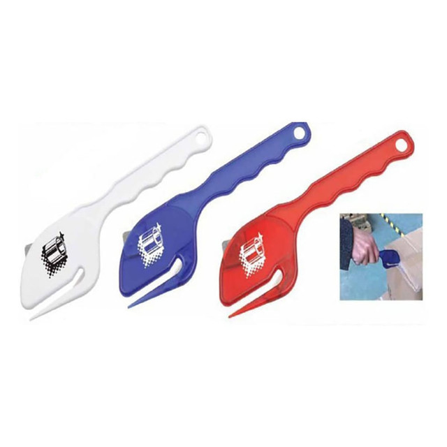 A set of three plastic letter openers in white, blue, and red, each featuring a logo on the handle.
