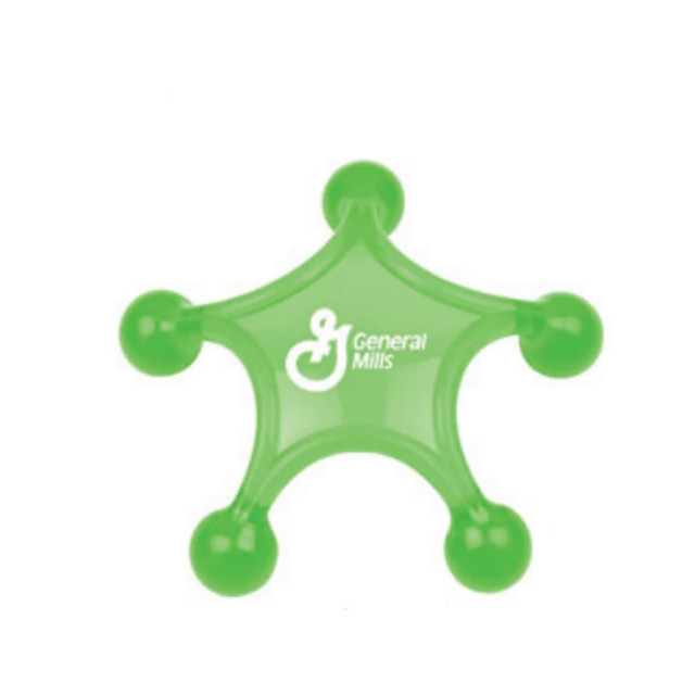 A green massager with a star shape and rounded tips, featuring a logo on the surface.