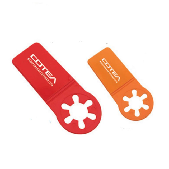 A drink bottle holder set in red and orange, with a flower-shaped cutout and a logo.