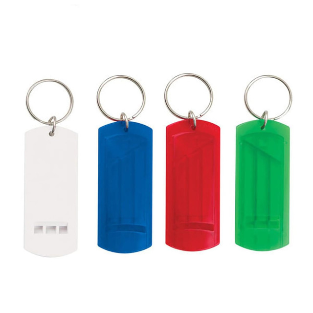 A set of four keychains in white, blue, red, and green, each with a small moulded design and metal rings.