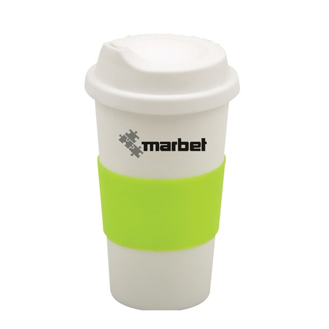 A white coffee cup with a green silicone sleeve and a lid, featuring a logo.