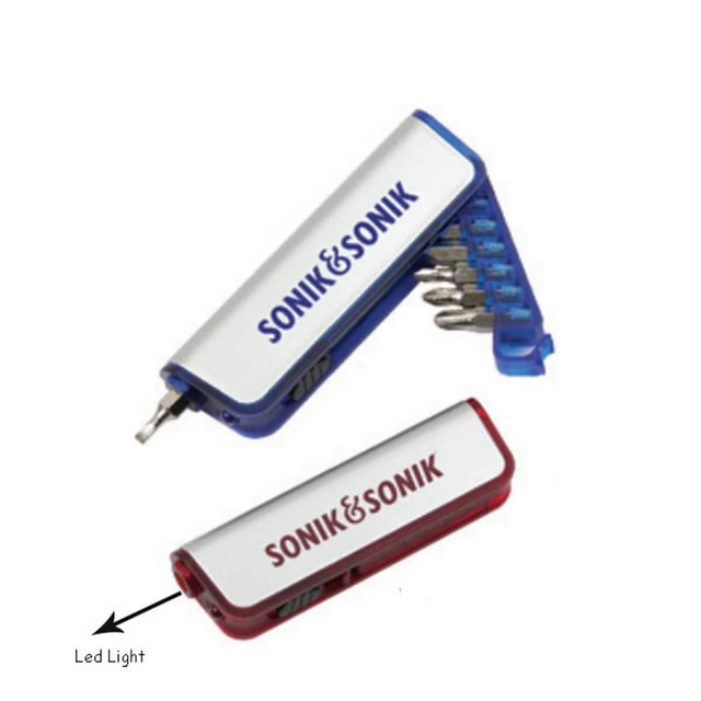 A tool set featuring a blue and red case with multiple screwdriver bits and an LED light. It includes branding.