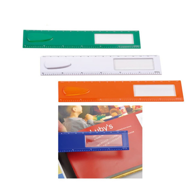 A set of rulers in green, white, orange, and blue, featuring a magnifying section and a bookmark.