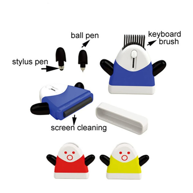 A computer cleaning brush in blue, red, and yellow with a stylus and ballpoint pen, featuring a screen cleaner.