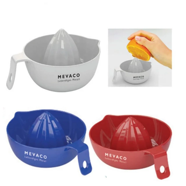 A set of plastic juicers in white, blue, and red, featuring a spout and a central reamer for squeezing.