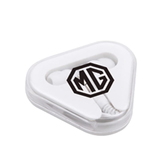 Earbuds in a white triangular case, featuring a black logo, designed for easy storage and portability.