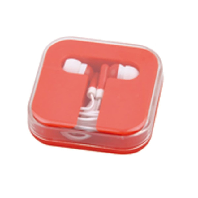 Red earbuds in a clear case featuring white accents and a logo.