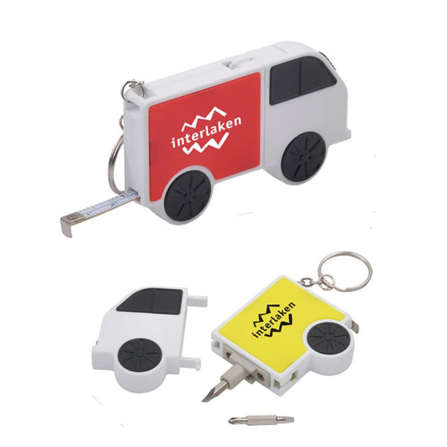 A tool set featuring a van-shaped design, including a tape measure, screwdriver, and a keyring. Available in white, red, and yellow.