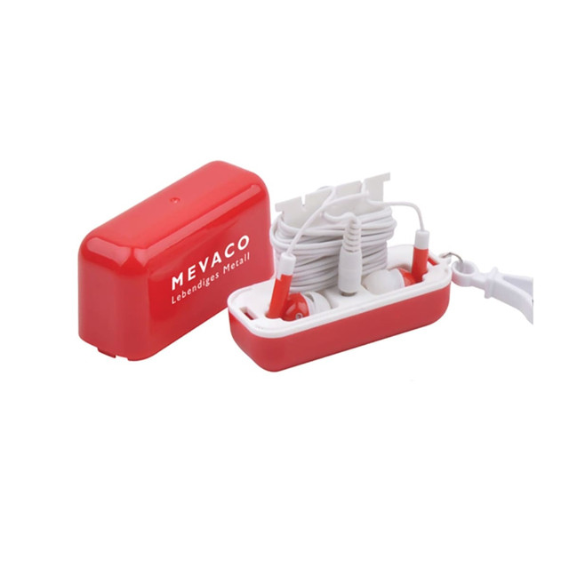 A red case containing white earbuds neatly wrapped inside. The case features a logo on its surface.