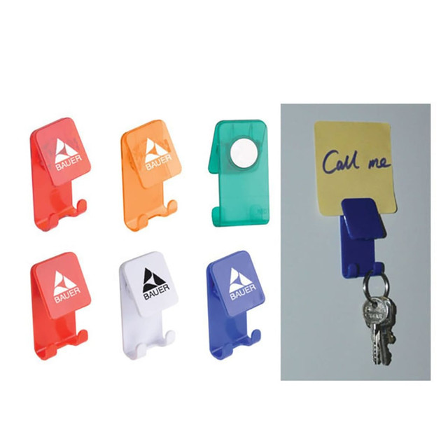 A set of colourful Handy Hooks in orange, green, white, and blue, with one holding a note and keys.