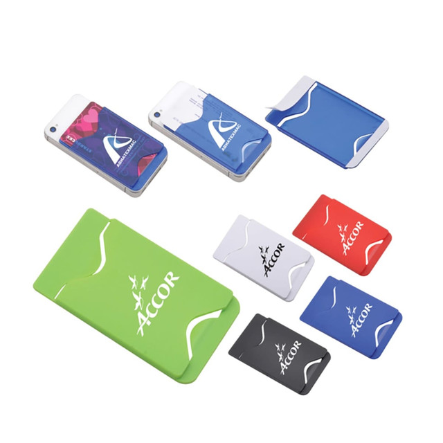 A variety of smartphone wallets in green, blue, red, black, and white, featuring different designs and a logo.