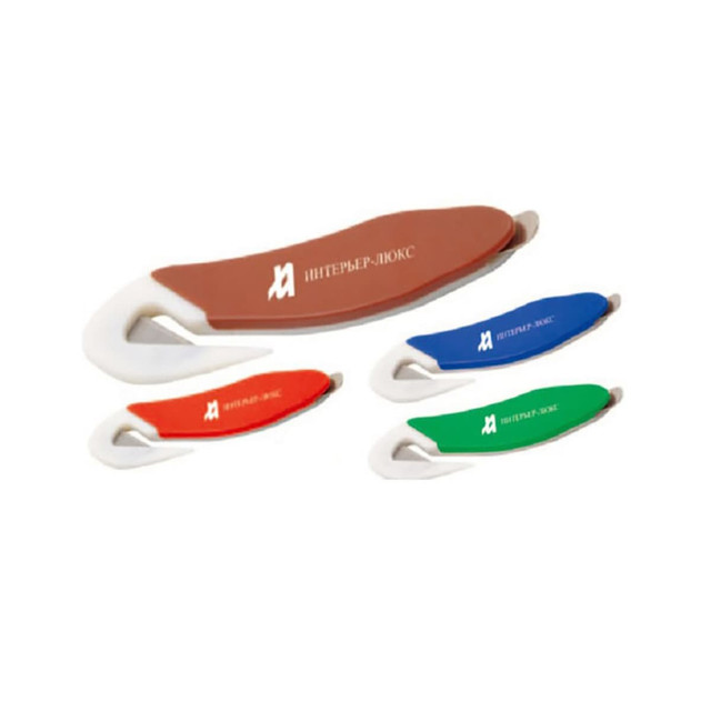 A staple remover and letter opener set in brown, blue, and green with a white handle. Features branding.