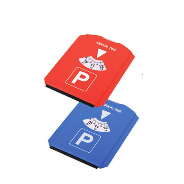 A red and blue ice scraper with a parking sign design, featuring a logo and a dial for arrival time.