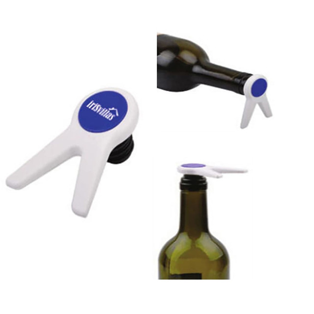 A wine stopper in white and blue, designed to seal a wine bottle. Features a logo.