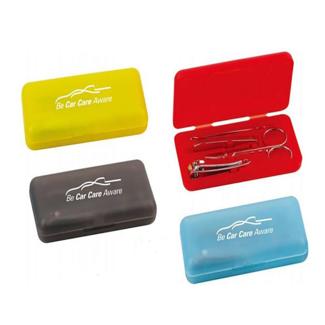 A manicure set featuring tools in a yellow, black, red, and blue case, each with a logo.