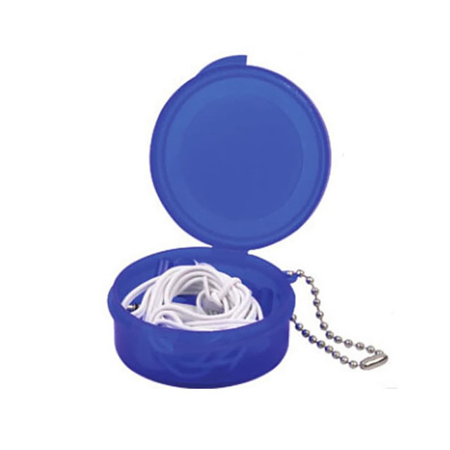 A blue case with a keyring containing white earbuds inside. The case is slightly open.