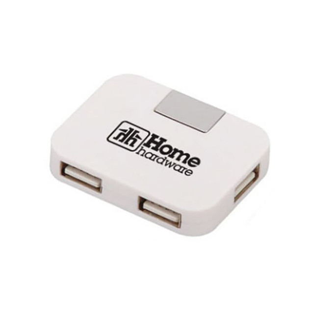A rectangular white USB hub with two ports and a logo.