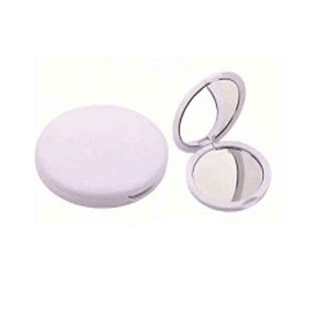A round white compact mirror with a double-sided reflective surface. It features a branding logo on the exterior.