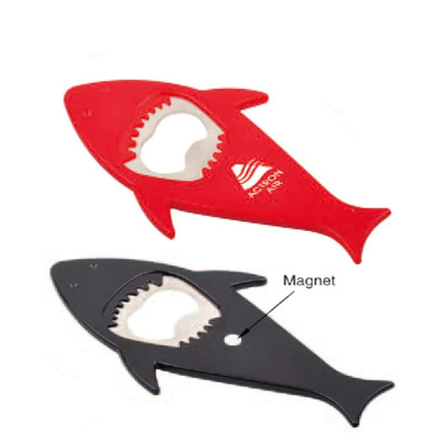 A drink bottle opener shaped like a shark, available in red and black, featuring a magnet and a branded logo.
