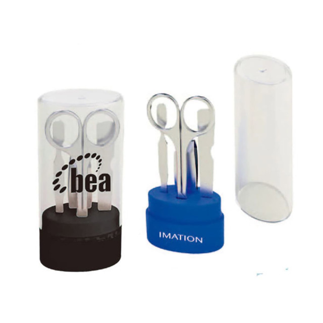 A manicure set featuring stainless steel tools, presented in a clear casing with a black and blue base.