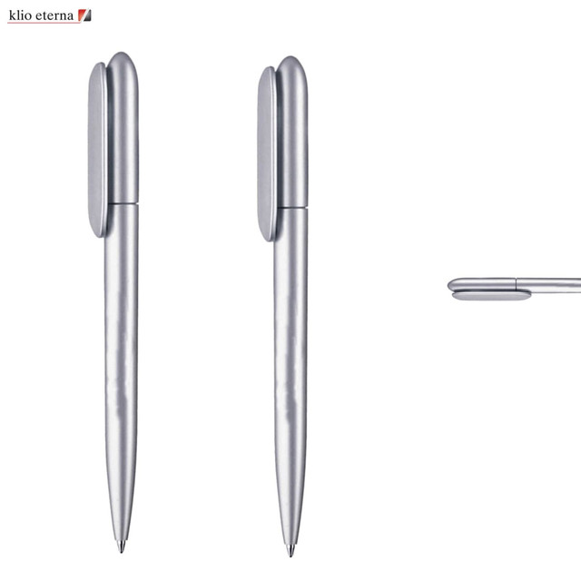 A silver plastic pen with a sleek design, featuring a clip and pointed tip. The image includes branding.