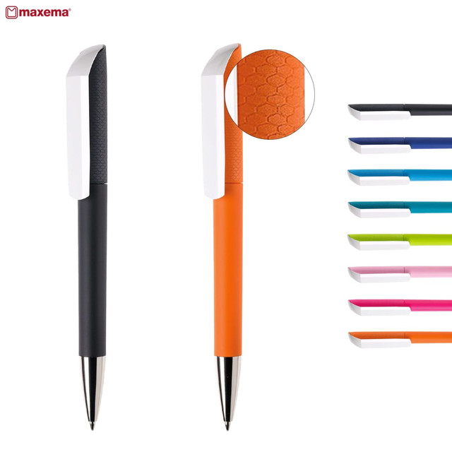 Two plastic pens in black and orange, featuring a textured grip and a selection of other vibrant colours. One pen has a logo.