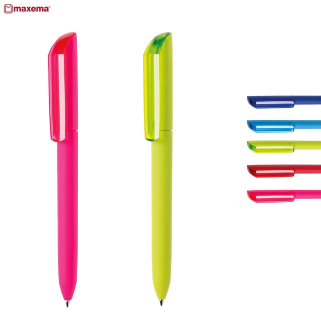 Two plastic pens in bright pink and neon green, with additional ink refill options in blue, pink, and green. Each pen has a logo.