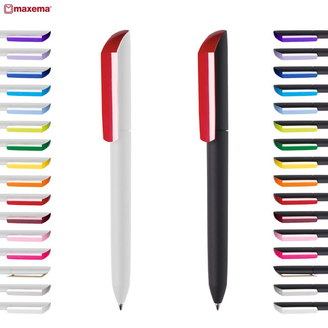 A collection of colourful plastic pens displayed in various shades, featuring a prominent white and black pen with red accents.