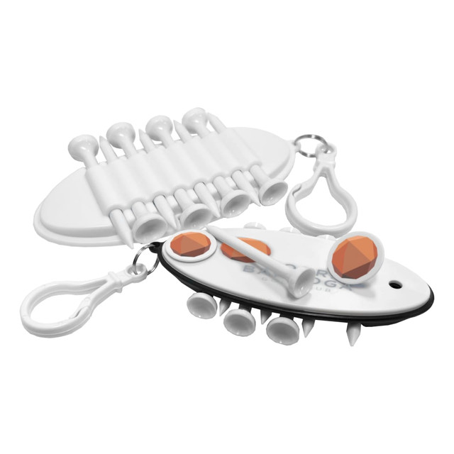 A golf tee holder featuring white and orange elements, with multiple golf tees and a clip for attachment.