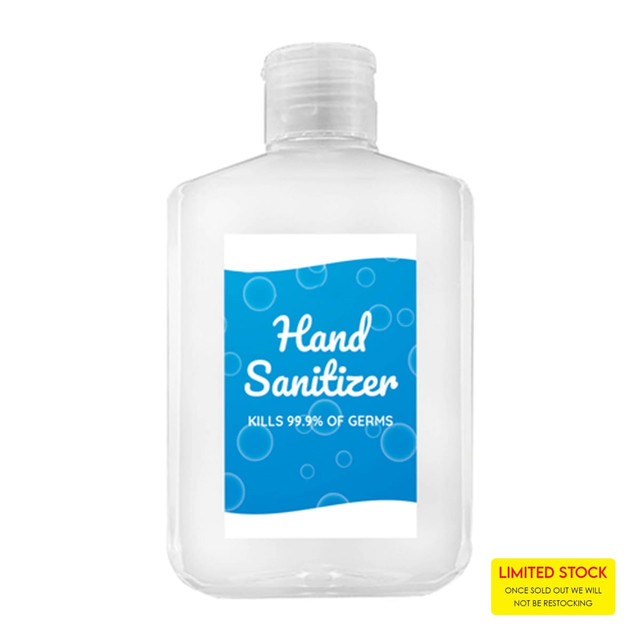 A clear plastic bottle of hand sanitiser gel, containing 250ml of 75% alcohol, with a simple label and logo.