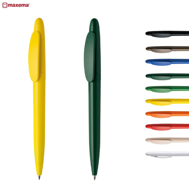 A set of plastic pens in various colours, including yellow and green, featuring a branded logo.