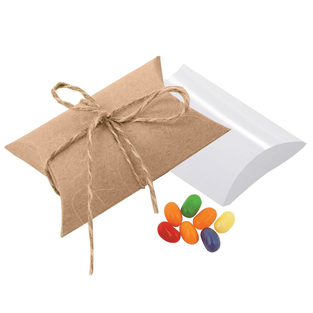 A pillow-shaped box with twine and jelly beans in various colours beside it. The box is brown, while the jelly beans are vibrant.