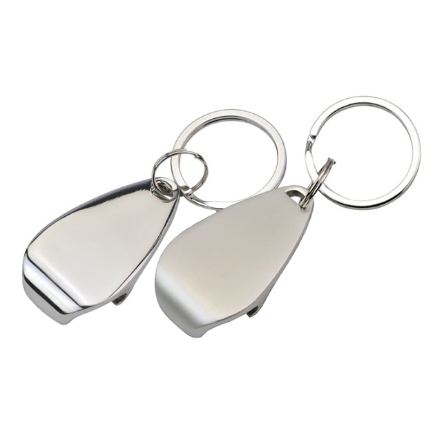 A drink bottle opener key ring in silver, featuring a simple, sleek design with a metal finish and attachment ring.