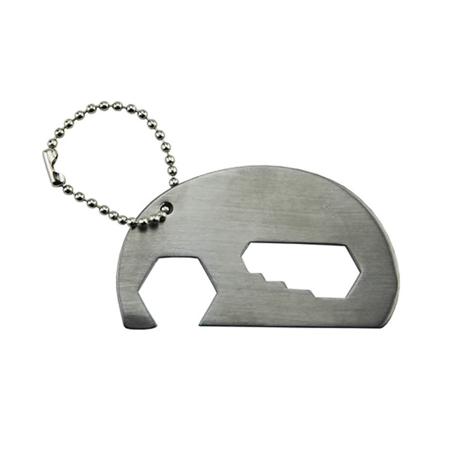 A drink bottle opener key ring shaped like an elephant, featuring a stainless steel finish and a ball chain attachment.