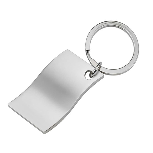 A silver key ring with a flat, curved key fob design. It features a circular attachment ring.