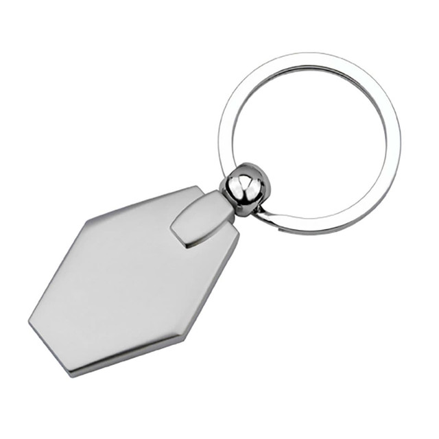 A silver hexagon key ring with a polished finish and a circular attachment. It features a logo on one side.