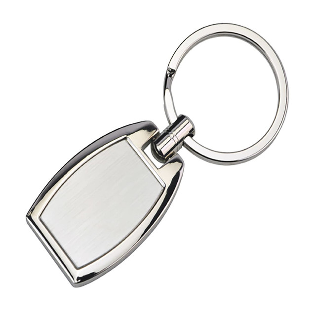 A silver oval key ring with a polished surface and a metal loop for attachment.