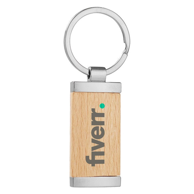 A wooden key ring with metal accents, featuring a branding logo on the wood surface.