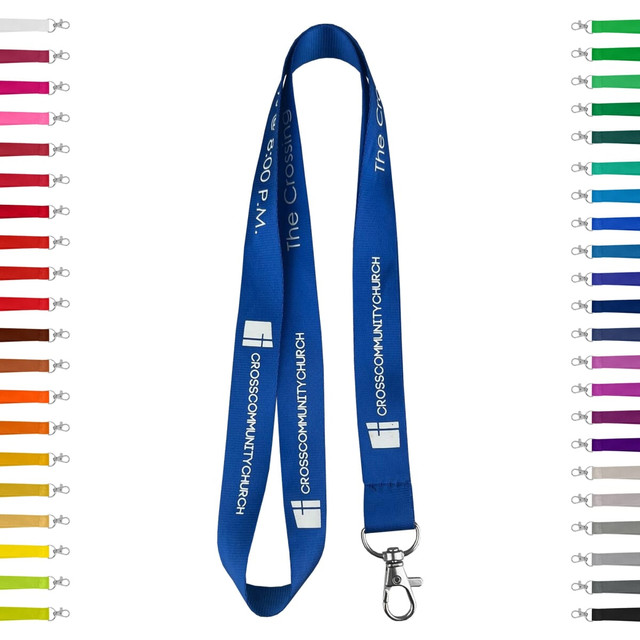 A blue nylon lanyard, 15mm wide, featuring a clip and various additional colour options displayed alongside.