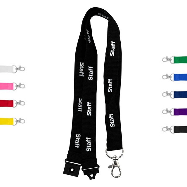 A black bamboo lanyard with the word "Staff" printed on it, featuring a clip for attachment. Available in various colours.