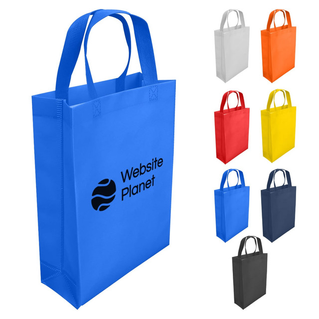 A blue laminated non-woven trade show bag with two handles and a logo, surrounded by bags in grey, orange, red, yellow, and black.