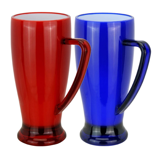 Two plastic mugs in red and blue with large handles and a sleek design, featuring logos on both.