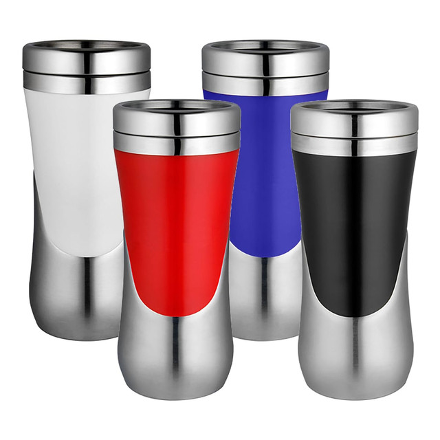 A drink bottle set featuring four travel mugs in white, red, blue, and black with stainless steel bases and a logo.