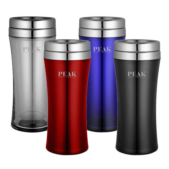 A set of four travel mugs in clear, red, blue, and black, each with a silver lid and a logo.