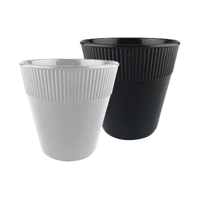 A set of two 8oz plastic cups in black and white, featuring a ribbed design and a logo on one cup.