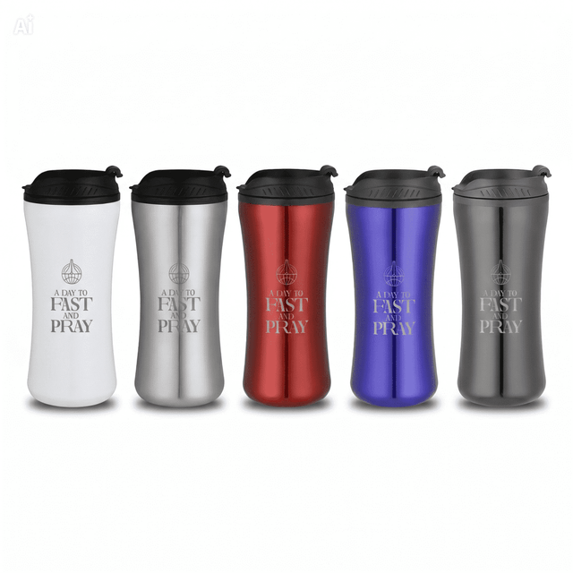A set of travel mugs in white, silver, red, and blue, featuring a logo and a design on the front.