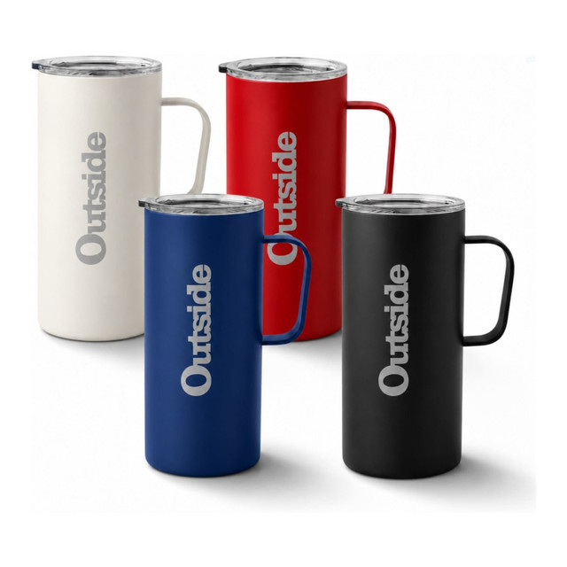 A drink bottle set featuring four travel mugs in white, red, blue, and black, each with a handle and a lid.