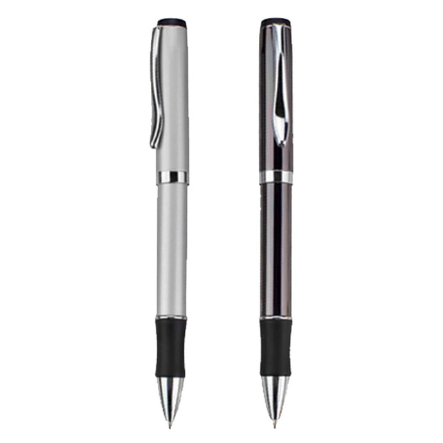 Two metal pens are displayed, one in silver with a black grip and the other in polished black, both featuring a logo.