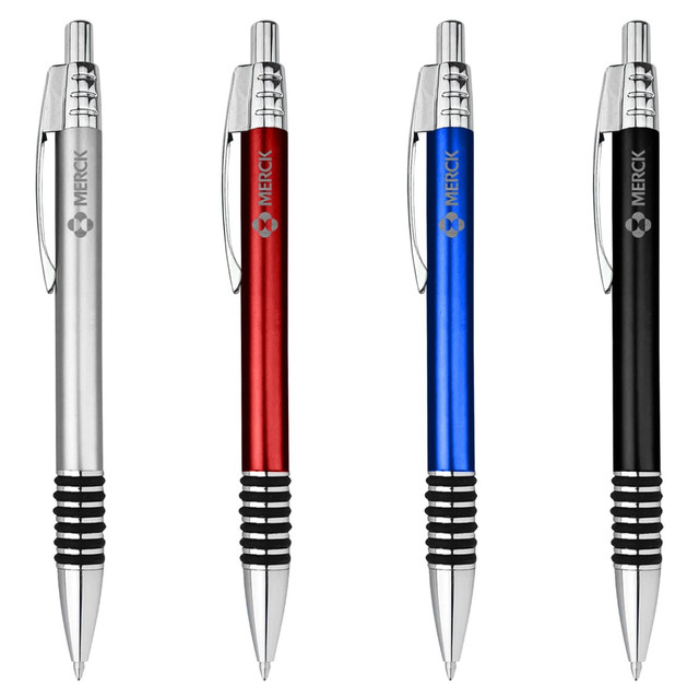 Four metal pens in silver, red, blue, and black, featuring a logo and a textured grip.