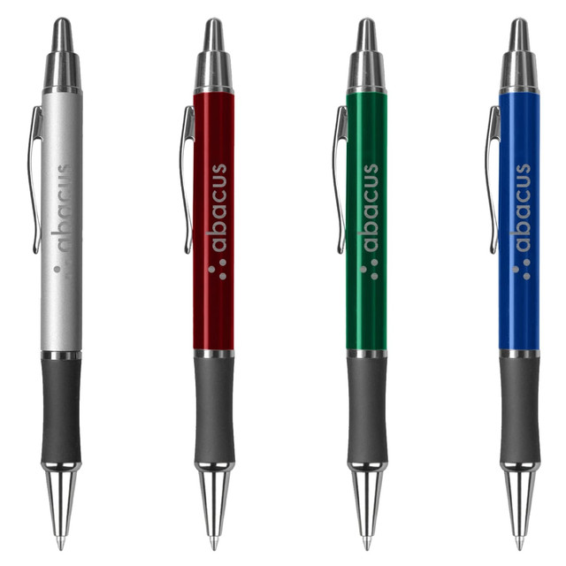 A set of four metal pens in silver, red, green, and blue, featuring a logo on the barrel.